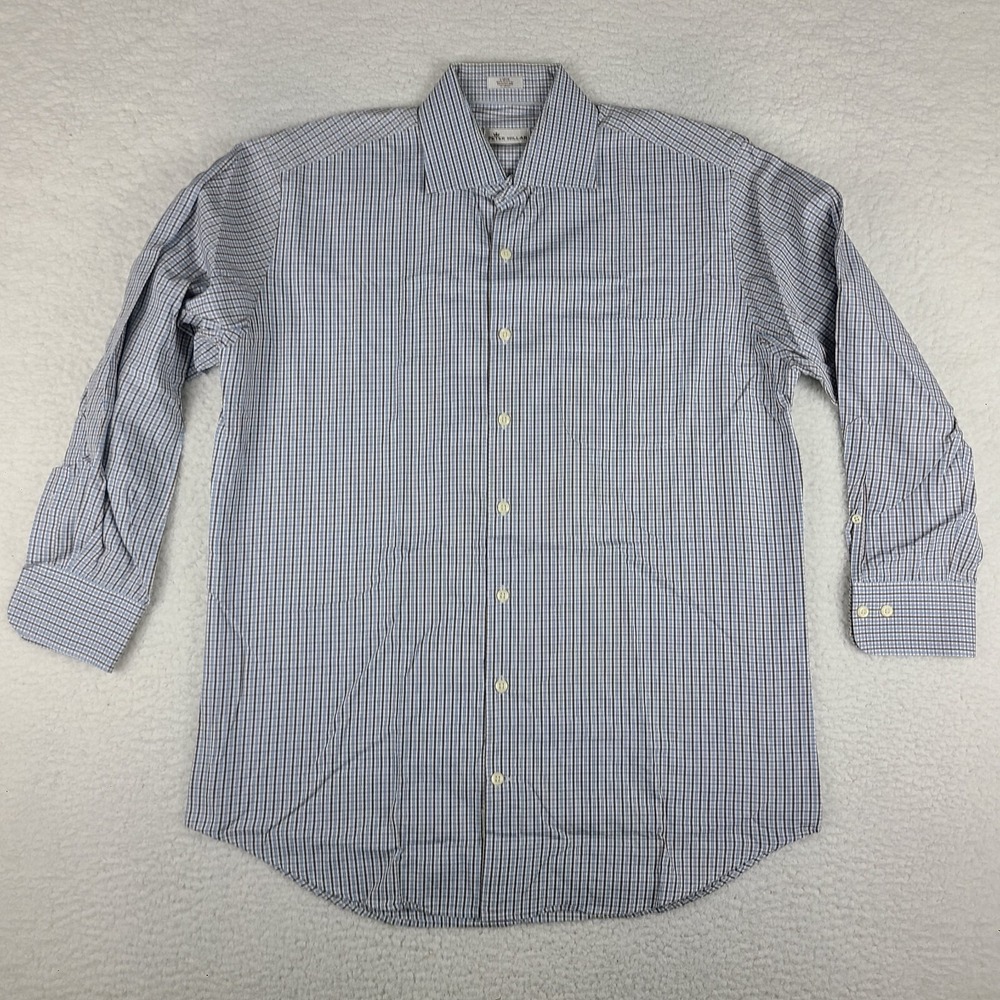 Peter Millar Shirt Mens Large Blue Brown Check Plaid Dress Button Up